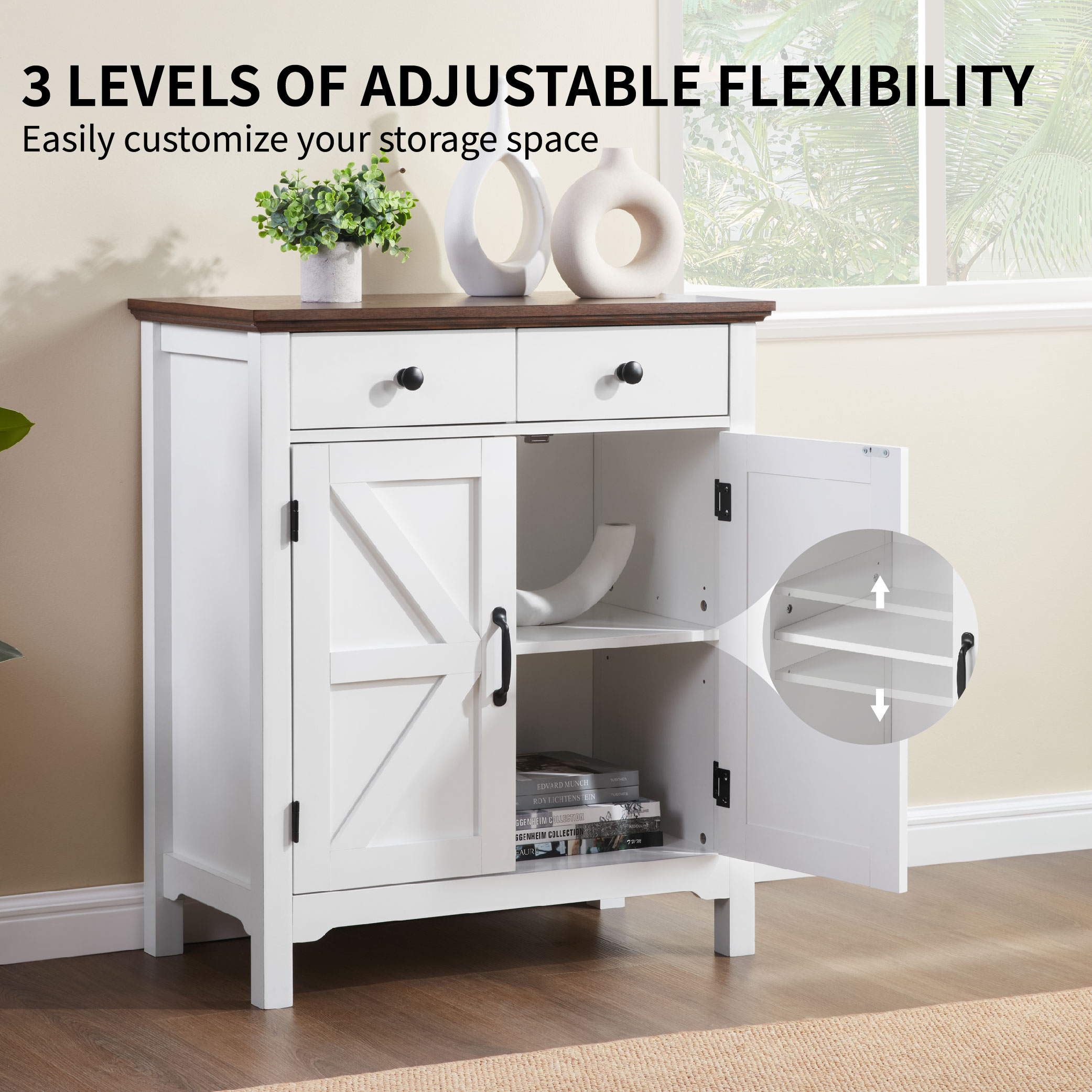 Farmhouse Buffet Cabinet With Drawer And Adjustable Shelf, Rustic White & Honey Brown Storage Cabinet, Barn Door Accent Sideboard For Kitchen, Living Room, Entryway_voghion.com